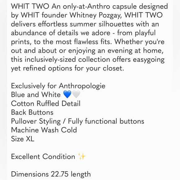 ANTHROPOLOGIE- Whit Two Cascade Ruffled Blouse Sz XL 💙🤍 - Picture 7 of 7